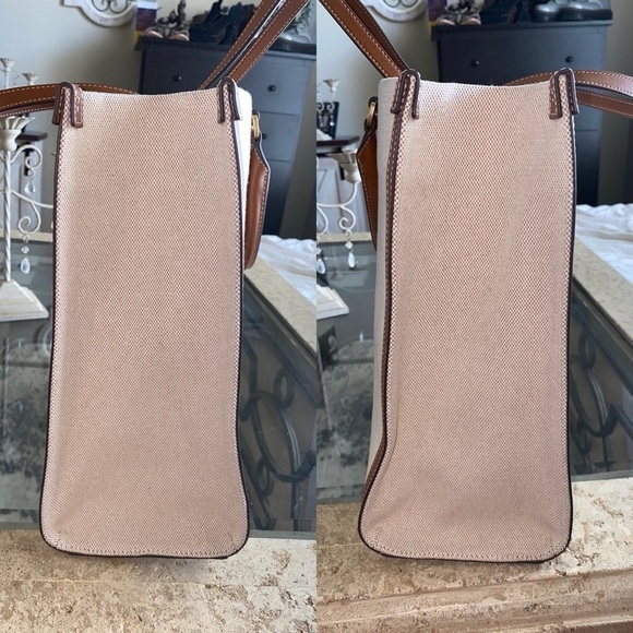 Tory Burch Blake Jumbo Tote Bag Canvas Leather Trim Neutral Cream Brown Cuoio - Picture 6 of 8